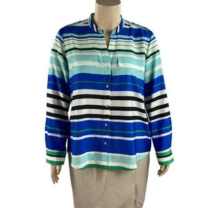 Calvin Klein Striped Button Front Roll Tab Shirt Blue Green XL